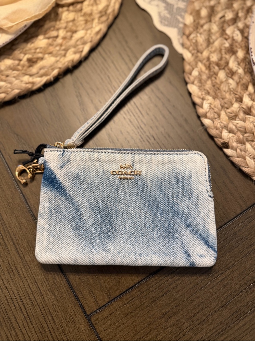 Coach Light Blue Denim Zip Wristlet Clutch
